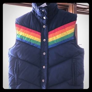 Rainbow stripe navy puffer vest